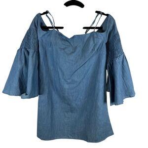 Blushing Heart Chambray Cold Shoulder Bell Sleeve Top Blue Smocked Strappy Large